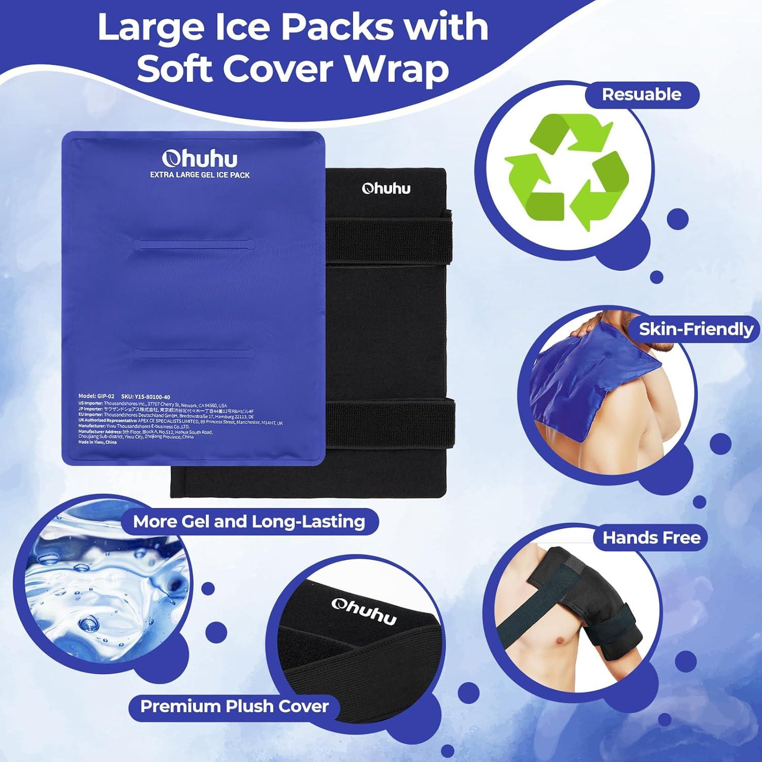 imageIce Packs for Injuries 14 X 11 Ohuhu 2 Pack Hot Cold Gel Ice Pack XLarge Reusable Ice Packs with Wrap Flexible Pain Relief for Shoulder Legs Knee Back Hip Aches Injury Muscle PainLight BlueBlue2 Pack