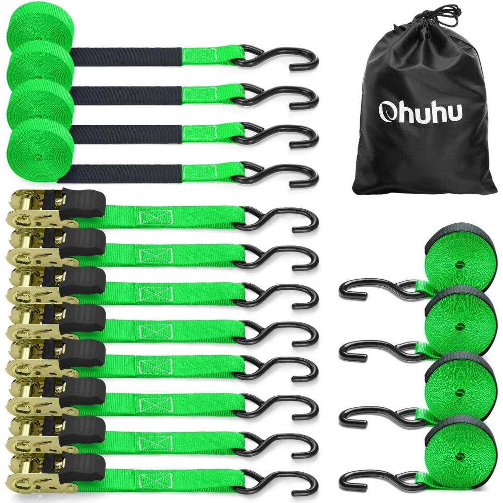 imageRatchet Tie Down Strap 8Pack 15 Ft  500 lbs Load Cap with 1500 lbs Breaking Limit Ohuhu Ratchet Tie Downs Logistic Cargo Straps for Moving Appliances Motorcycle OrangeGreen