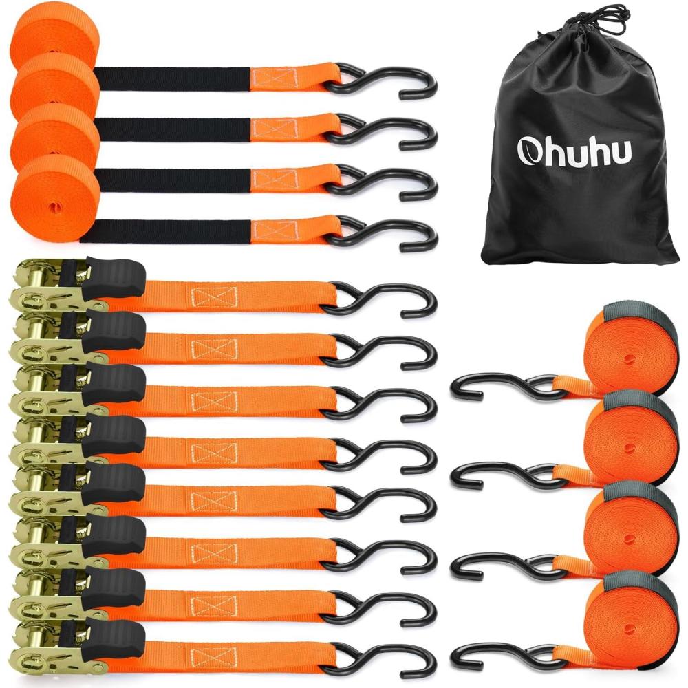 imageRatchet Tie Down Strap 8Pack 15 Ft  500 lbs Load Cap with 1500 lbs Breaking Limit Ohuhu Ratchet Tie Downs Logistic Cargo Straps for Moving Appliances Motorcycle OrangeOrange