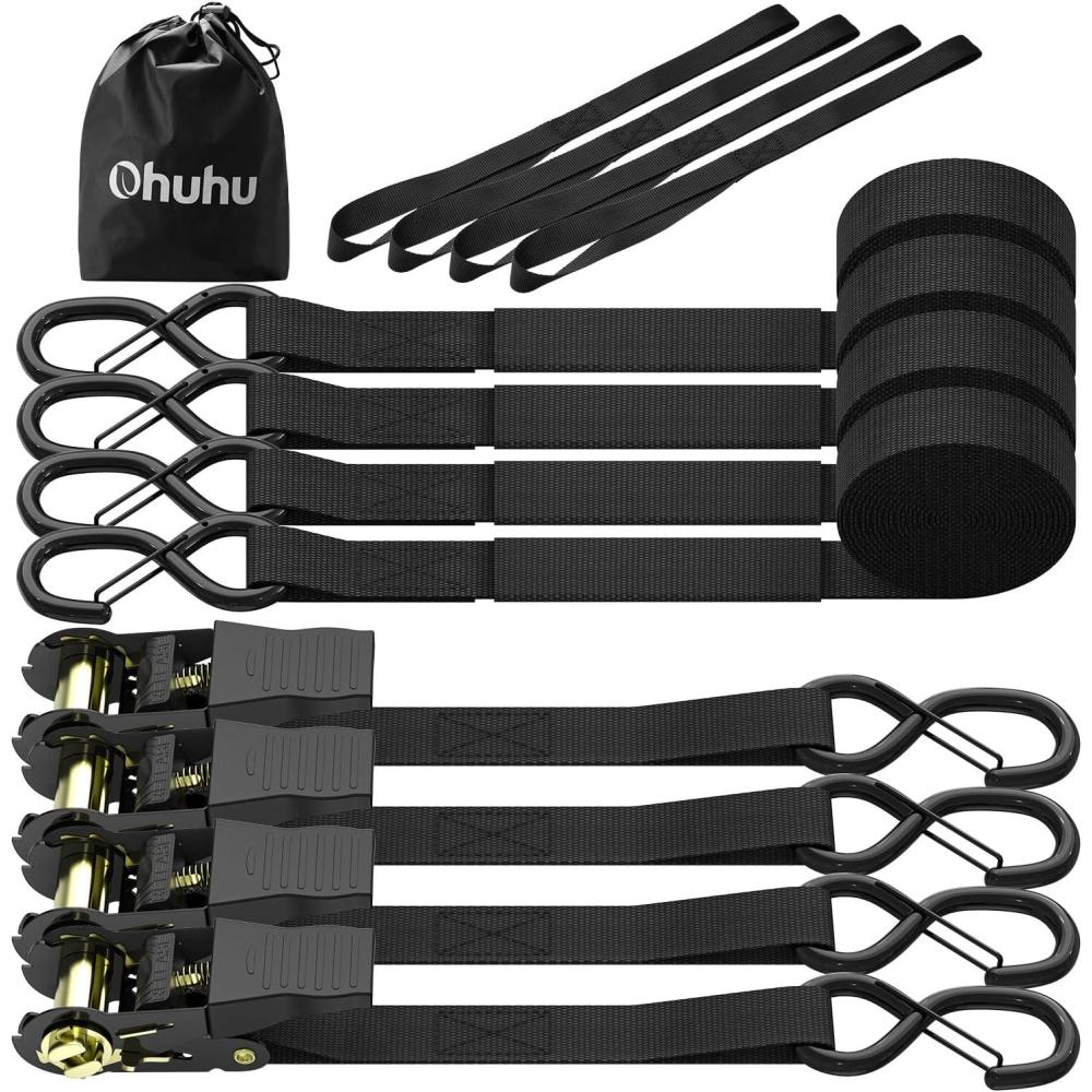 imageRatchet Tie Down Strap 8Pack 15 Ft  500 lbs Load Cap with 1500 lbs Breaking Limit Ohuhu Ratchet Tie Downs Logistic Cargo Straps for Moving Appliances Motorcycle OrangeBlack