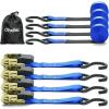 imageOhuhu Ratchet Tie Down Straps  4 Pack  15 Ft  500 Lbs Load Cap with 1500 Lb Breaking Limit Cargo Car Truck Roof Rack Rachet Strap Set for Lawn Equipment Moving Appliances Motorcycle  Blue
