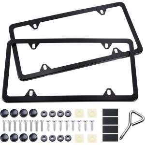 Ohuhu Black License Plate Frames, 4 Hole Matte Aluminum 2 PCS Slim License Plate Frame with Screws Caps (Black)