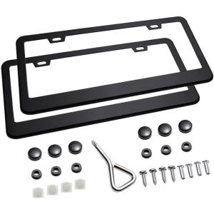 Ohuhu License Plate Frames, 2 Pcs 4 Holes Slim Stainless Steel Polish Mirror License Plate Frame + Chrome Screw Caps (Silver)(Black – 2 Holes)