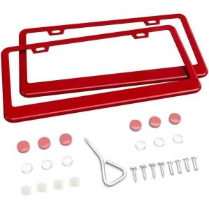 Ohuhu License Plate Frames, 2 Pcs 4 Holes Slim Stainless Steel Polish Mirror License Plate Frame + Chrome Screw Caps (Silver)(Red – 2 Holes)