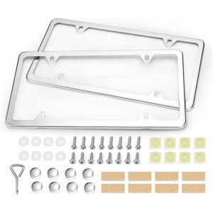 Ohuhu License Plate Frames, 2 Pcs 4 Holes Slim Stainless Steel Polish Mirror License Plate Frame + Chrome Screw Caps (Silver)(Silver – 4 Holes)
