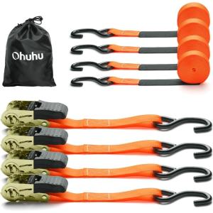 Ohuhu Ratchet Tie Down Straps – 4 Pack – 15 Ft – 500 Lbs Load Cap with 1500 Lb Breaking Limit, Cargo Car Truck Roof Rack Ratchet Strap Set for Lawn Equipment, Moving Appliances, Motorcycle – Orange