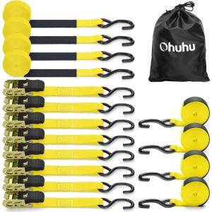 Ratchet Tie Down Strap 8-Pack 15 Ft – 500 lbs Load Cap with 1500 lbs Breaking Limit, Ohuhu Ratchet Tie Downs Logistic Cargo Straps for Moving Appliances, Motorcycle, Orange(Yellow)