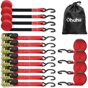 Ratchet Tie Down Strap 8-Pack 15 Ft – 500 lbs Load Cap with 1500 lbs Breaking Limit, Ohuhu Ratchet Tie Downs Logistic Cargo Straps for Moving Appliances, Motorcycle, Orange(Red)