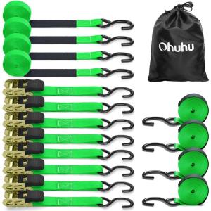 Ratchet Tie Down Strap 8-Pack 15 Ft – 500 lbs Load Cap with 1500 lbs Breaking Limit, Ohuhu Ratchet Tie Downs Logistic Cargo Straps for Moving Appliances, Motorcycle, Orange(Green)