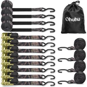 Ratchet Tie Down Strap 8-Pack 15 Ft – 500 lbs Load Cap with 1500 lbs Breaking Limit, Ohuhu Ratchet Tie Downs Logistic Cargo Straps for Moving Appliances, Motorcycle, Orange(Forest Camouflage)