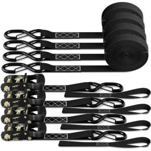 Ratchet Tie Down Straps with Safety Clip 4-Pack 1.5″ x 15′ and 4 Soft Loops, 1100 lbs Load Cap 3300 lbs Breaking Limit, Ohuhu Ratchet Tie Downs Logistic Cargo Straps for Moving Appliances, Motorcycle