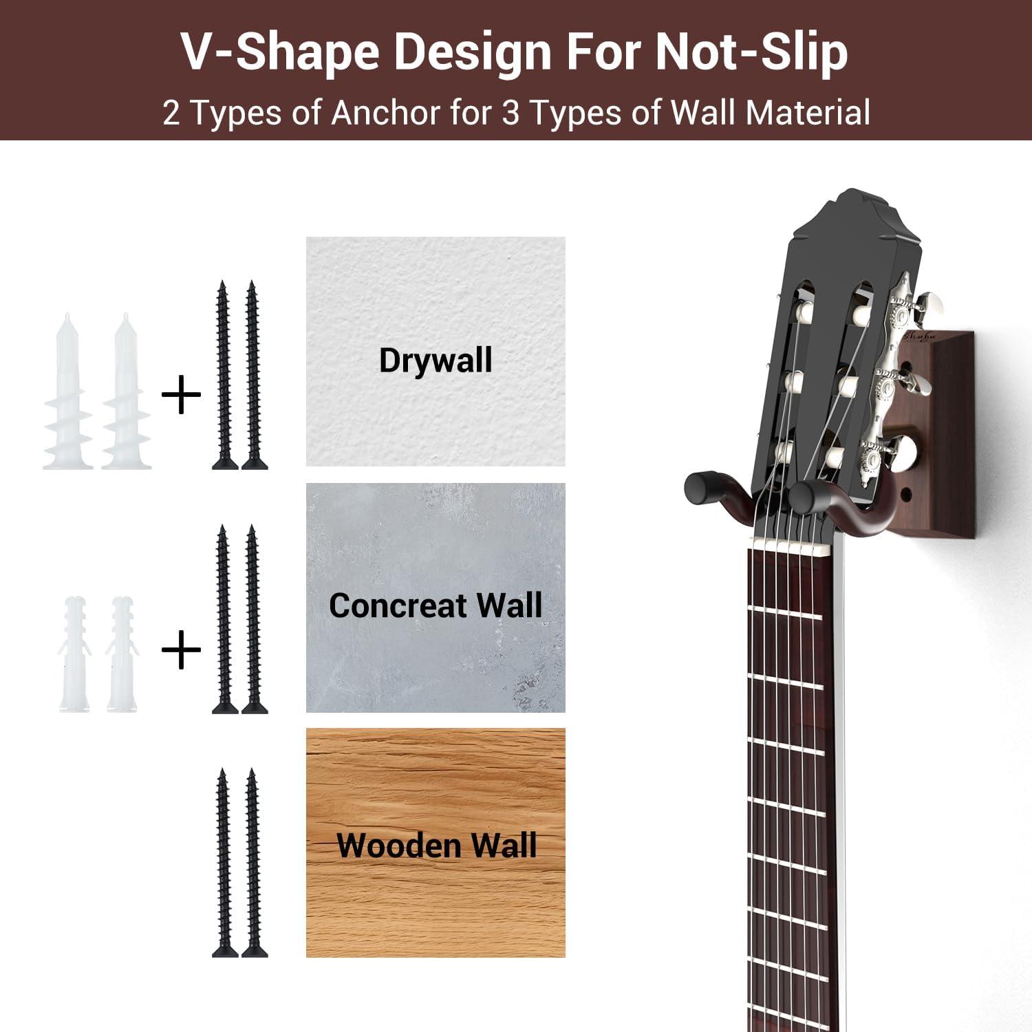 imageOhuhu Guitar Wall Hangers 2Pack Guitar Wall Mount with Screws AntiSlip V Shape Rotatable Hardwood Guitar Mount Hook Holder Stand for Electric Acoustic Guitar Ukulele Bass Banjo Mandolin Walnut