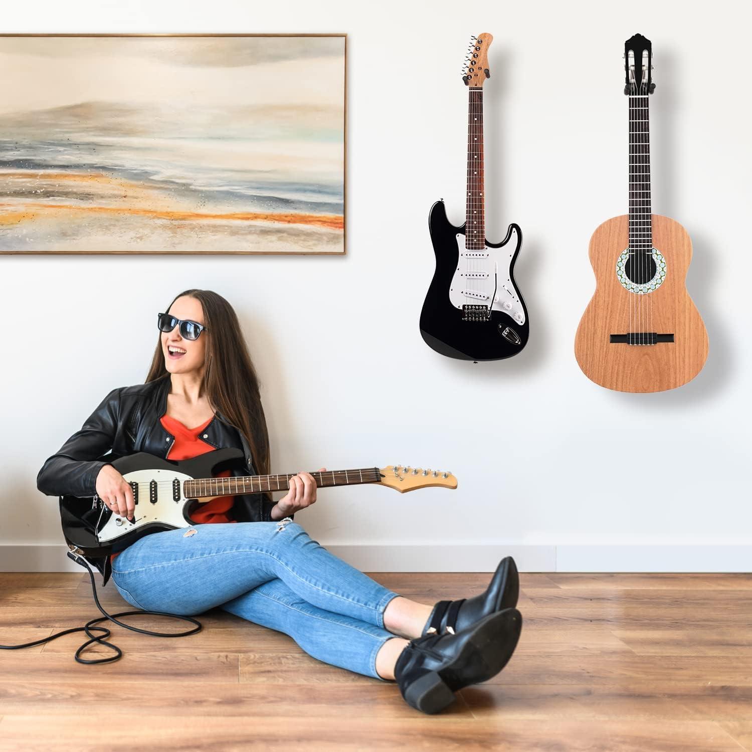 imageOhuhu Guitar Wall Hangers 2Pack Guitar Wall Mount with Screws AntiSlip V Shape Rotatable Hardwood Guitar Mount Hook Holder Stand for Electric Acoustic Guitar Ukulele Bass Banjo Mandolin Walnut