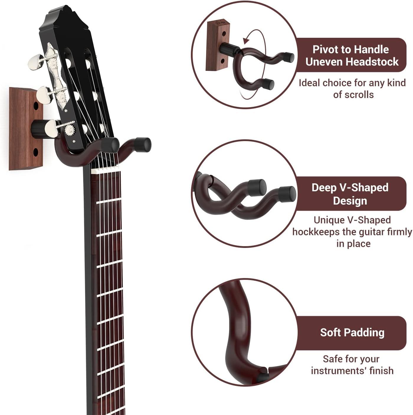imageOhuhu Guitar Wall Hangers 2Pack Guitar Wall Mount with Screws AntiSlip V Shape Rotatable Hardwood Guitar Mount Hook Holder Stand for Electric Acoustic Guitar Ukulele Bass Banjo Mandolin Walnut
