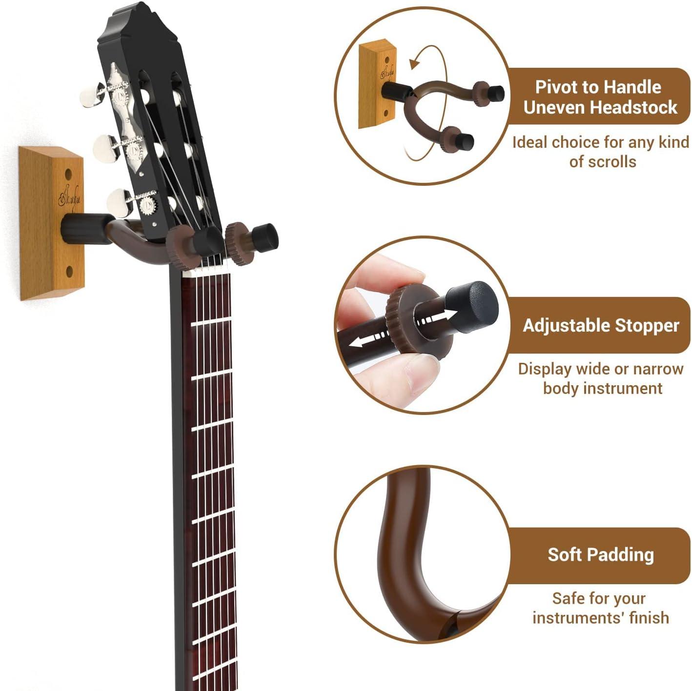 imageOhuhu Guitar Wall Mount Hanger 2Pack Rotatable Hardwood Guitar Hangers with Screws Adjustable Stopper Guitar Mount Hook Holder Stand for Acoustic Electric Guitar Banjo Bass Ukulele Mandolin Wood