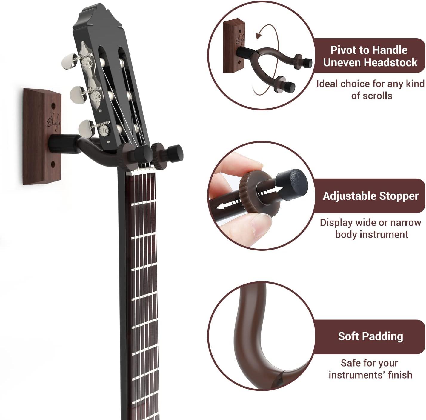 imageOhuhu Guitar Wall Mount Hanger 4Pack Rotatable Hardwood Guitar Hangers with ScrewsAdjustable Stopper Guitar Mount Hook Holder Stand for Ukulele Bass Electric Acoustic Guitar Banjo MandolinWalnut