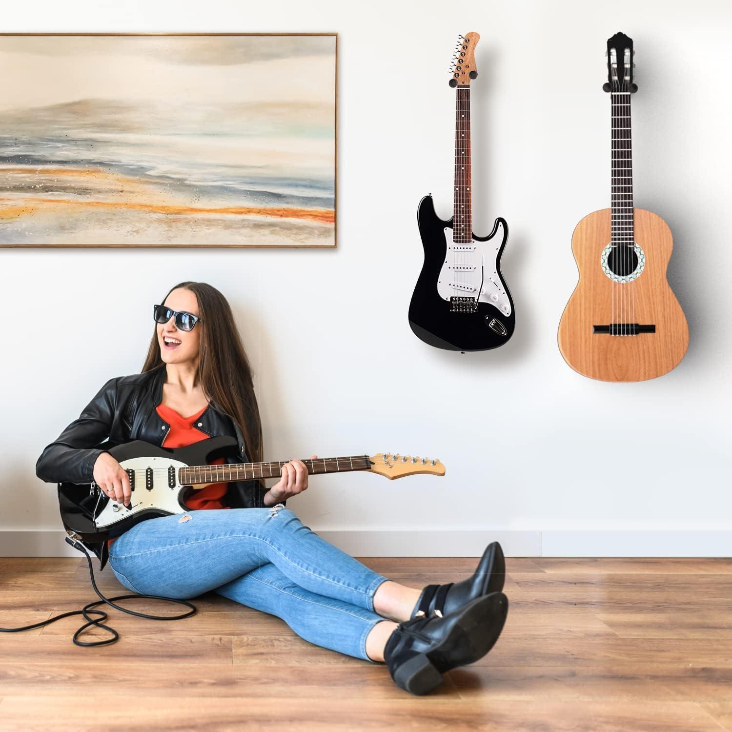 imageOhuhu Guitar Wall Mount Hanger 4Pack Rotatable Hardwood Guitar Hangers with ScrewsAdjustable Stopper Guitar Mount Hook Holder Stand for Ukulele Bass Electric Acoustic Guitar Banjo MandolinWalnut