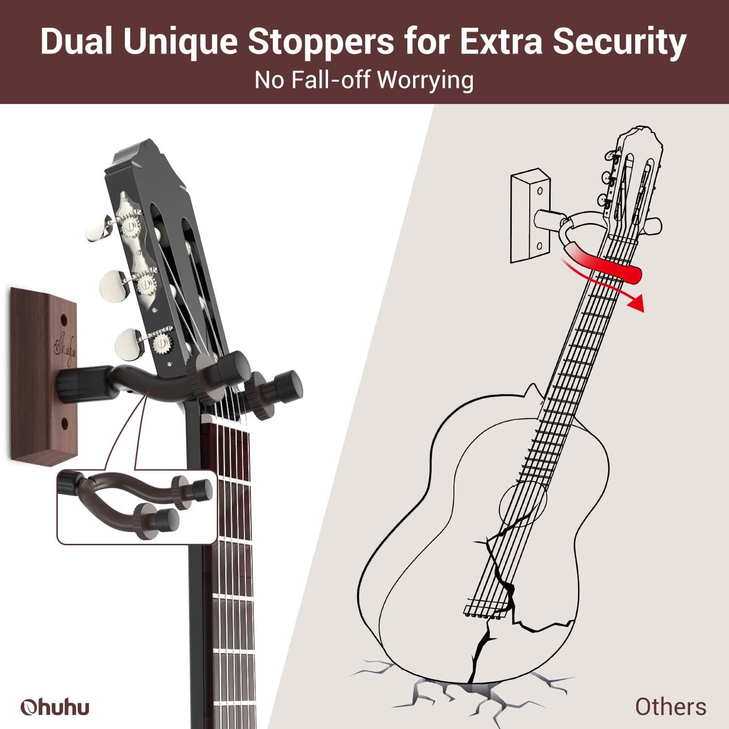 imageOhuhu Guitar Wall Mount Hanger 4Pack Rotatable Hardwood Guitar Hangers with ScrewsAdjustable Stopper Guitar Mount Hook Holder Stand for Ukulele Bass Electric Acoustic Guitar Banjo MandolinWalnut