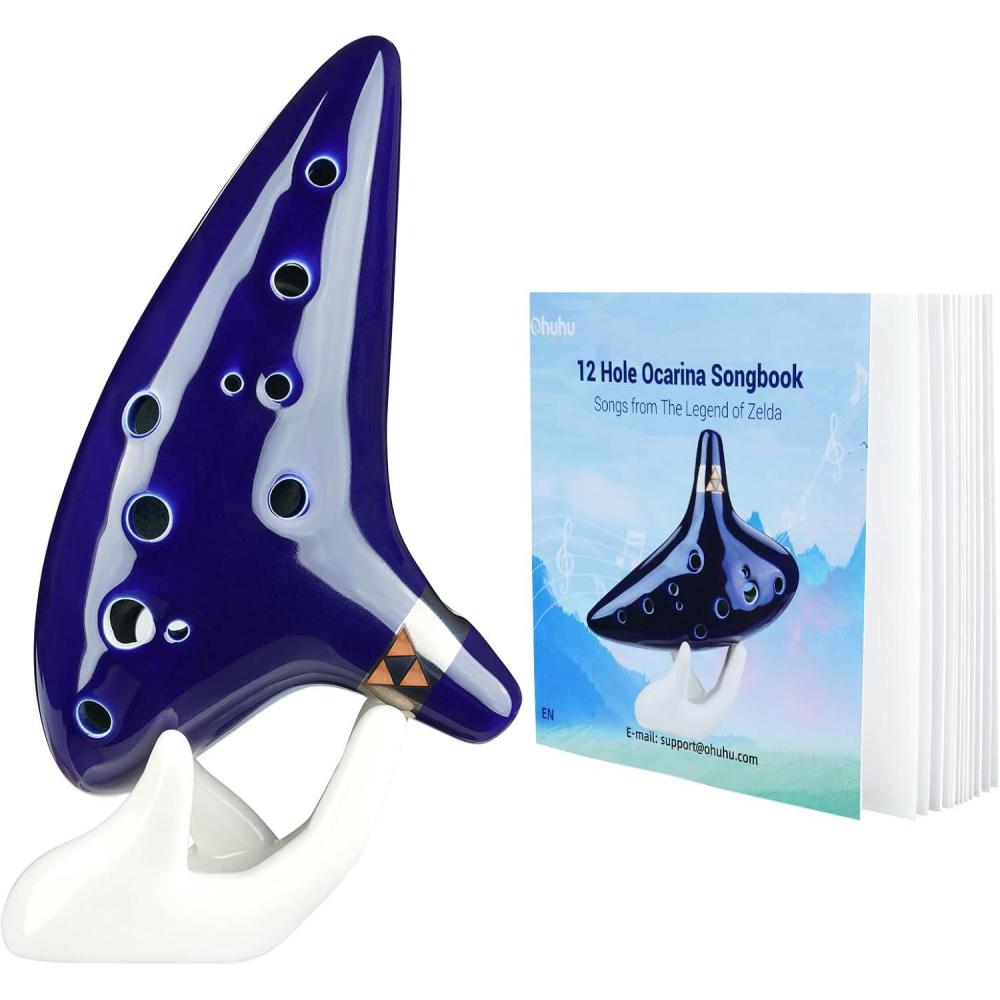imageOcarina Instrument with Song Book Ohuhu Ceramic Ocarina with a NeckStrap Cord FDA Tested 12 Hole Alto C Ocarinas Play By Link Triforce Valentine Gifts for Music Fans with Protective BagBlue