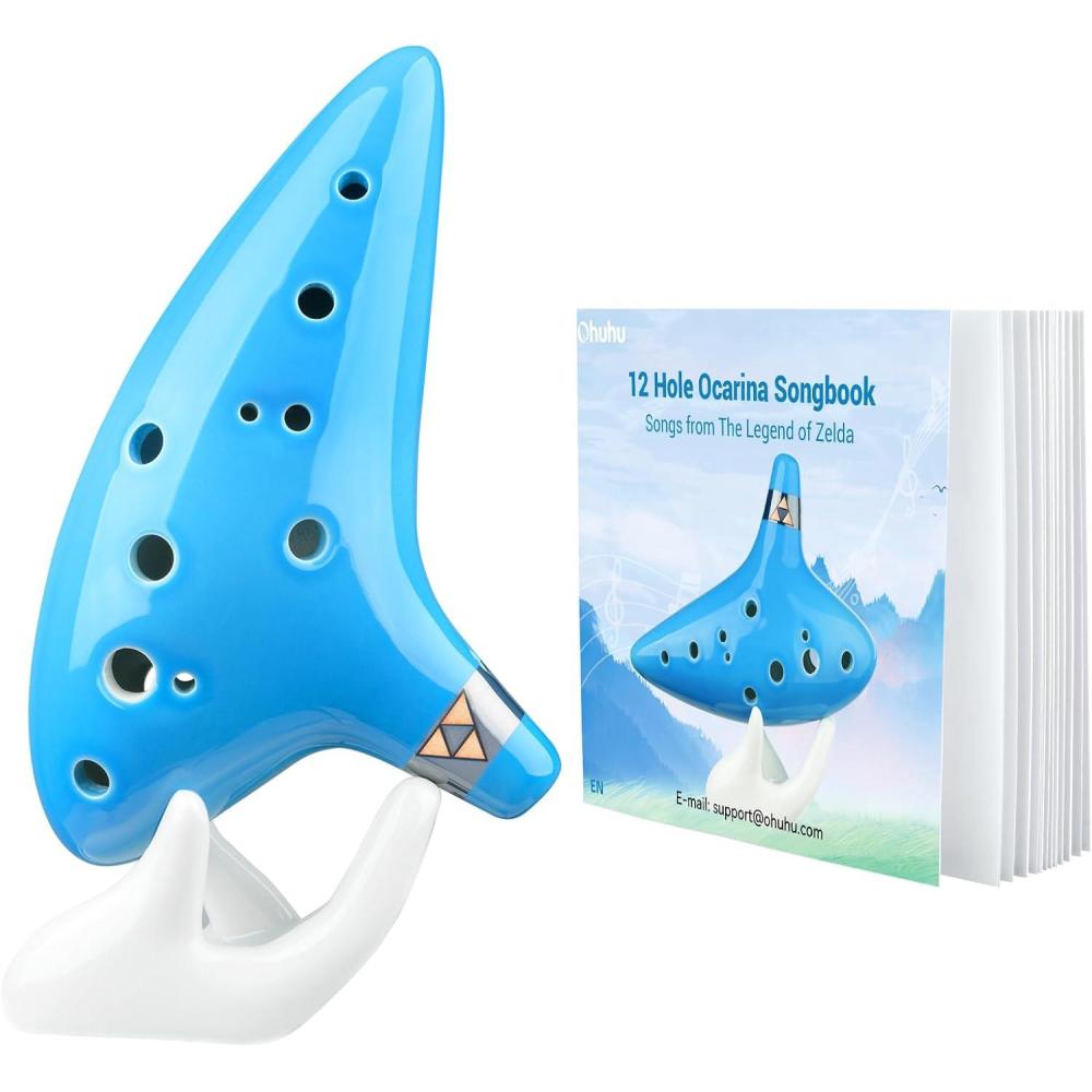 imageOcarina Instrument with Song Book Ohuhu Ceramic Ocarina with a NeckStrap Cord FDA Tested 12 Hole Alto C Ocarinas Play By Link Triforce Valentine Gifts for Music Fans with Protective BagLight Blue