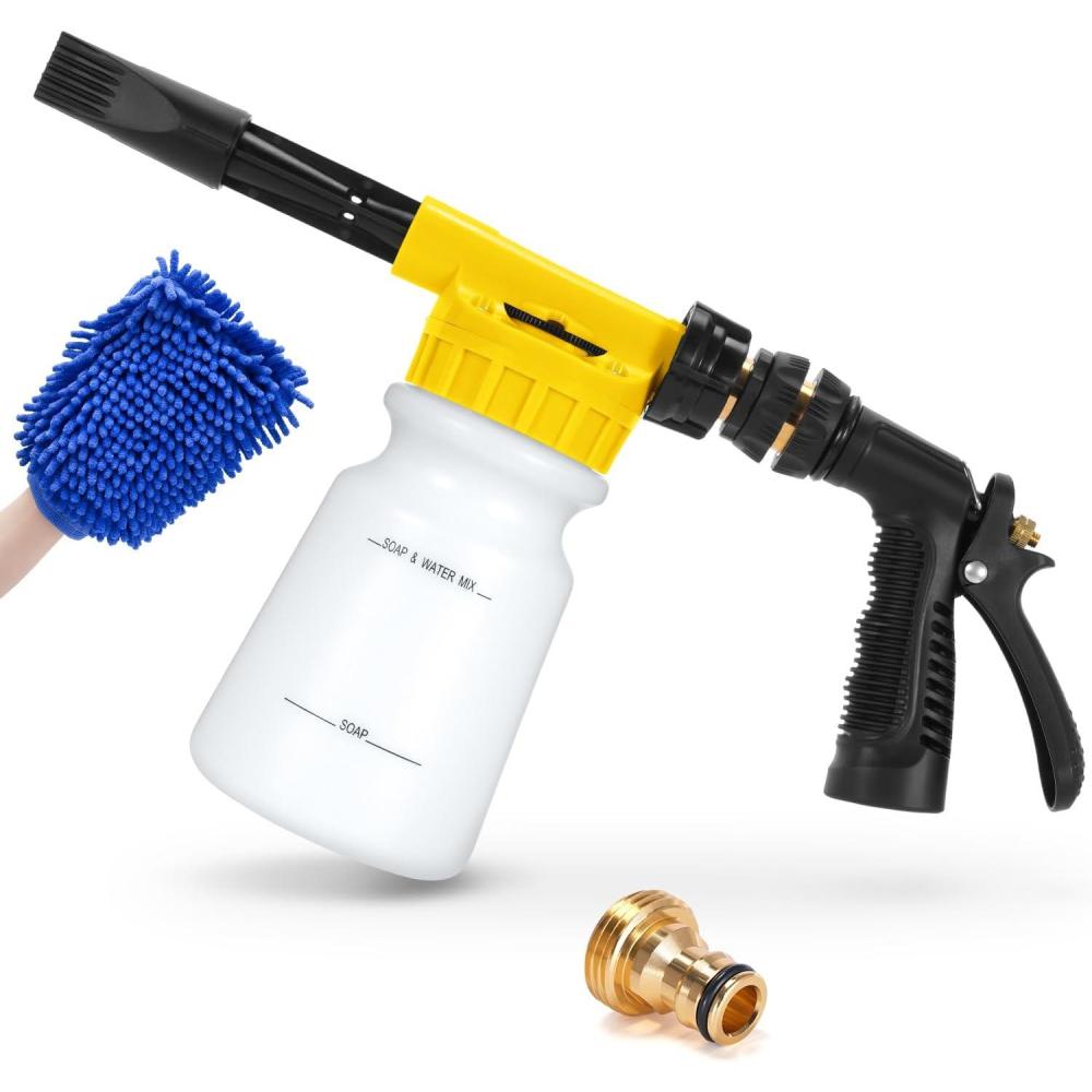 imageOhuhu Car Wash Foam Gun Car Wash Soap Sprayer with 38 Connector amp Washing Mitts Dual Filtration 6 Levels of Foam Concentration Quick Connect to Most Garden Hose Yellow