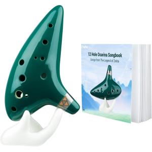 Ocarina Instrument with Song Book: Ohuhu Ceramic Ocarina with a Neck-Strap Cord, FDA Tested 12 Hole Alto C Ocarinas Play By Link Triforce Valentine Gifts for Music Fans with Protective Bag(Green)