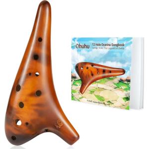 Ocarina Instrument with Song Book: Ohuhu Ceramic Ocarina with a Neck-Strap Cord, FDA Tested 12 Hole Alto C Ocarinas Play By Link Triforce Valentine Gifts for Music Fans with Protective Bag(Yellow Amber)