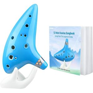 Ocarina Instrument with Song Book: Ohuhu Ceramic Ocarina with a Neck-Strap Cord, FDA Tested 12 Hole Alto C Ocarinas Play By Link Triforce Valentine Gifts for Music Fans with Protective Bag(Light Blue)