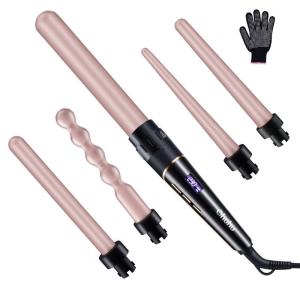 Ohuhu 5 in 1 LCD Curling Iron Wand Set with 5 Interchangeable 0.35 Inch to 1.25 Inch Ceramic Barrels and Double Side Heat-Resistant Glove (Rose Gold)
