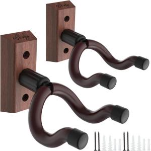 Ohuhu Guitar Wall Hangers: 2-Pack Guitar Wall Mount with Screws Anti-Slip V Shape Rotatable Hardwood Guitar Mount Hook Holder Stand for Electric Acoustic Guitar Ukulele Bass Banjo Mandolin (Walnut)