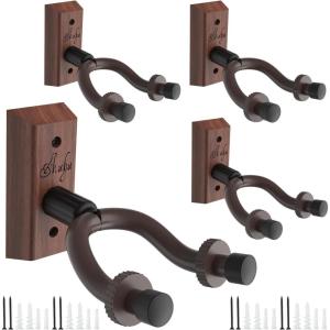 Ohuhu Guitar Wall Mount Hanger: 4-Pack Rotatable Hardwood Guitar Hangers with Screws-Adjustable Stopper Guitar Mount Hook Holder Stand for Ukulele Bass Electric Acoustic Guitar Banjo Mandolin-Walnut