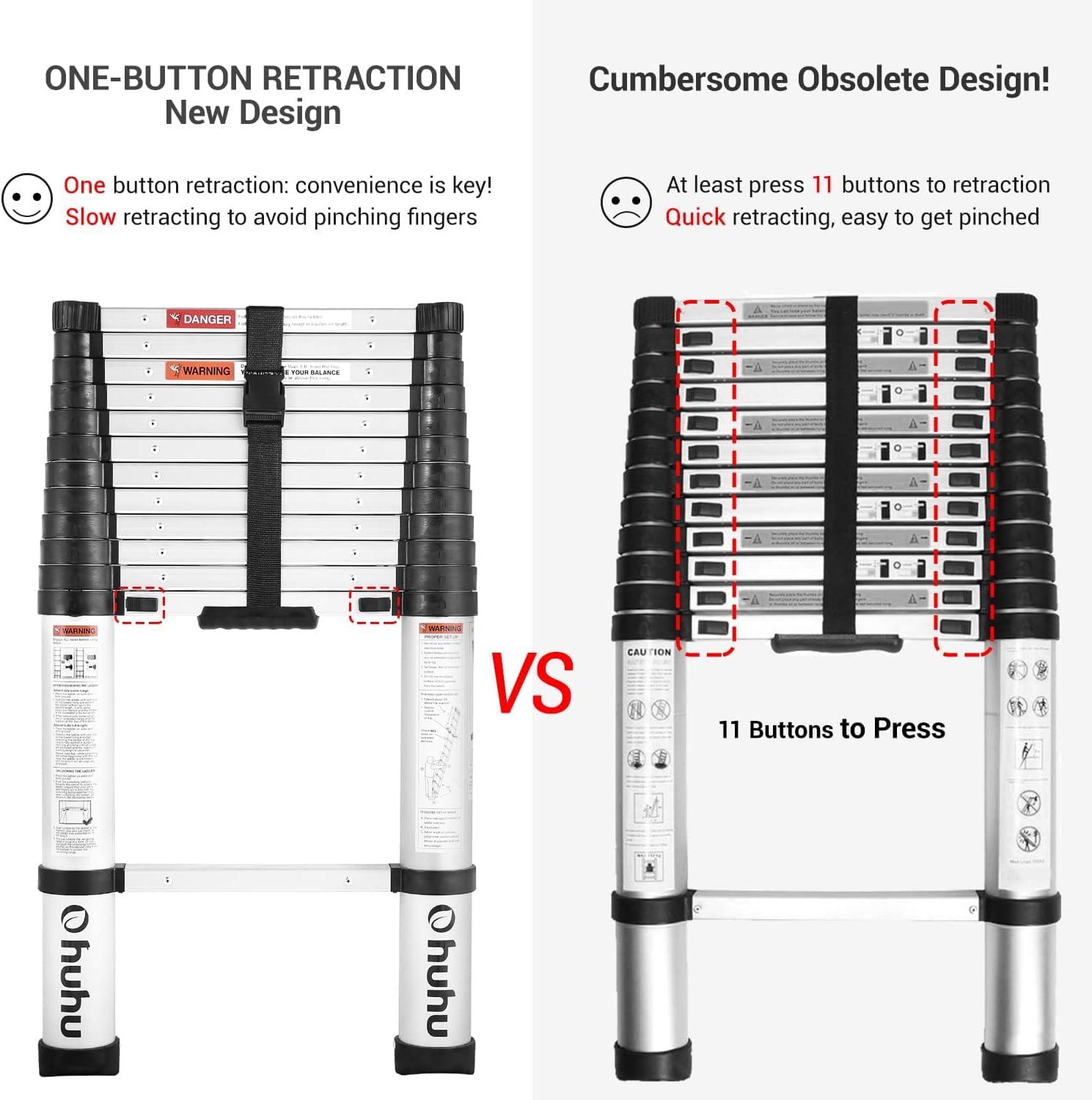 imageAluminum Telescoping Ladder Ohuhu Upgraded 125 FT ANSI Certified OneButton Retraction Extension Ladder Retractable Collapsible Ladders Telescopic Compact Ladder for Home RV Loft Silver