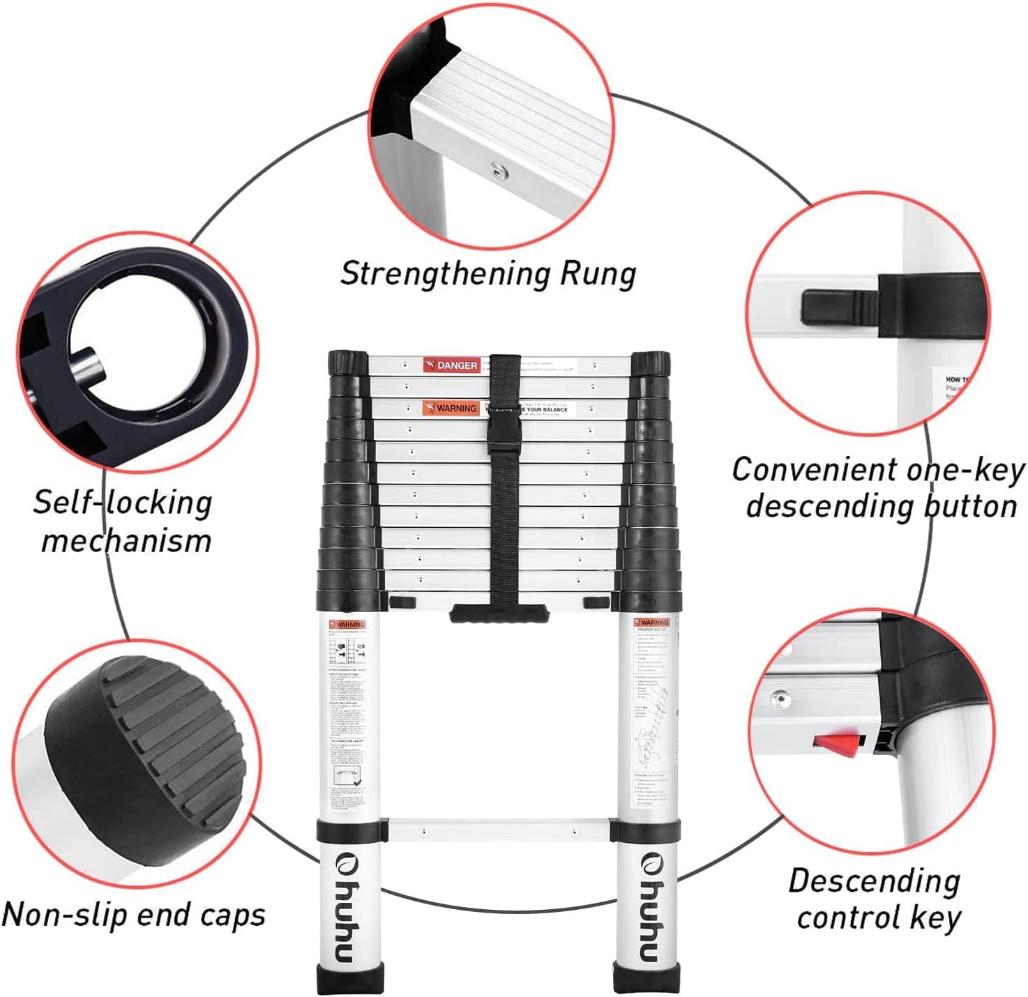 imageAluminum Telescoping Ladder Ohuhu Upgraded 125 FT ANSI Certified OneButton Retraction Extension Ladder Retractable Collapsible Ladders Telescopic Compact Ladder for Home RV Loft Silver