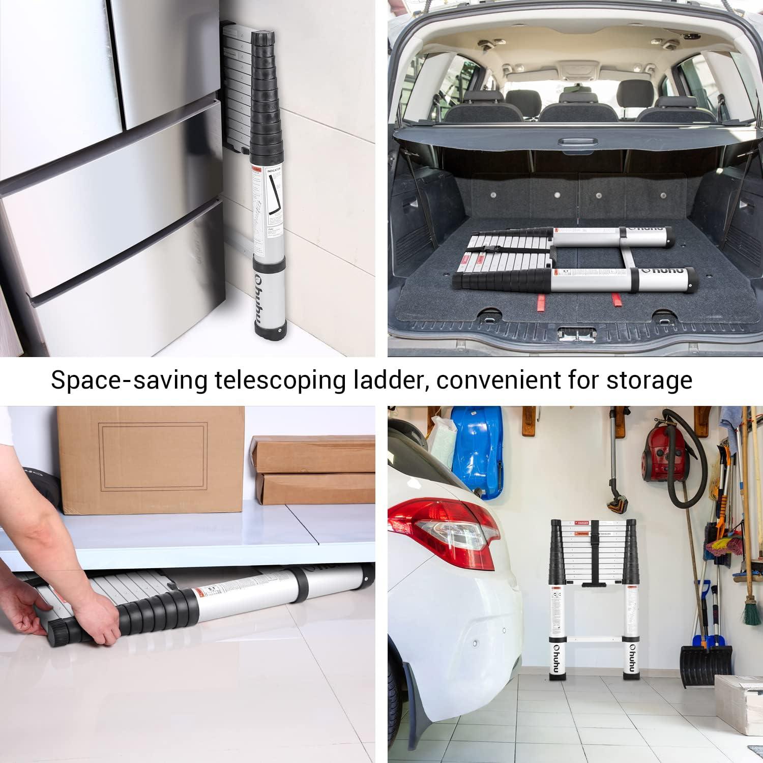 imageAluminum Telescoping Ladder Ohuhu Upgraded 125 FT ANSI Certified OneButton Retraction Extension Ladder Retractable Collapsible Ladders Telescopic Compact Ladder for Home RV Loft Silver