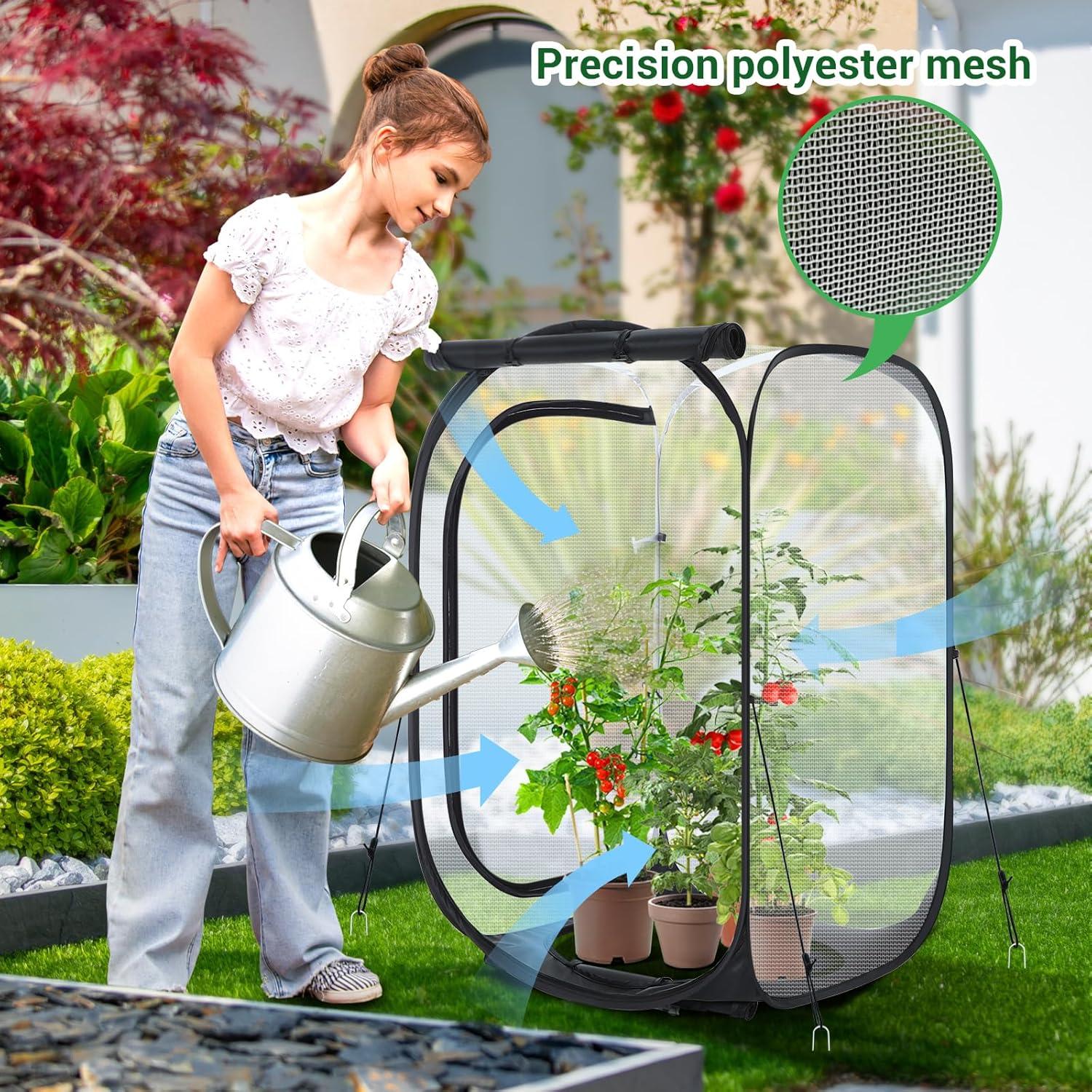 imageOhuhu 36 Garden Mesh Plant Cover 2 Pack Pop Up Plant Protector Strawberry Cover Garden Net Cage Wind Protection for Plants Outdoor with Storage Bag 24 x 24 x 36 Inches2