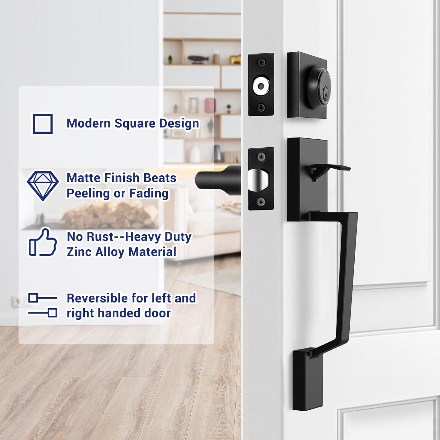 imageOhuhu Front Door Handle Heavy Duty Upgraded Front Door Lock Set Exterior Entry Matte Black Door Handles Single Cylinder Reversible Lever Zinc Alloy Use with Mechanical Electronic Smart Deadbolt Lockwith deadbolt