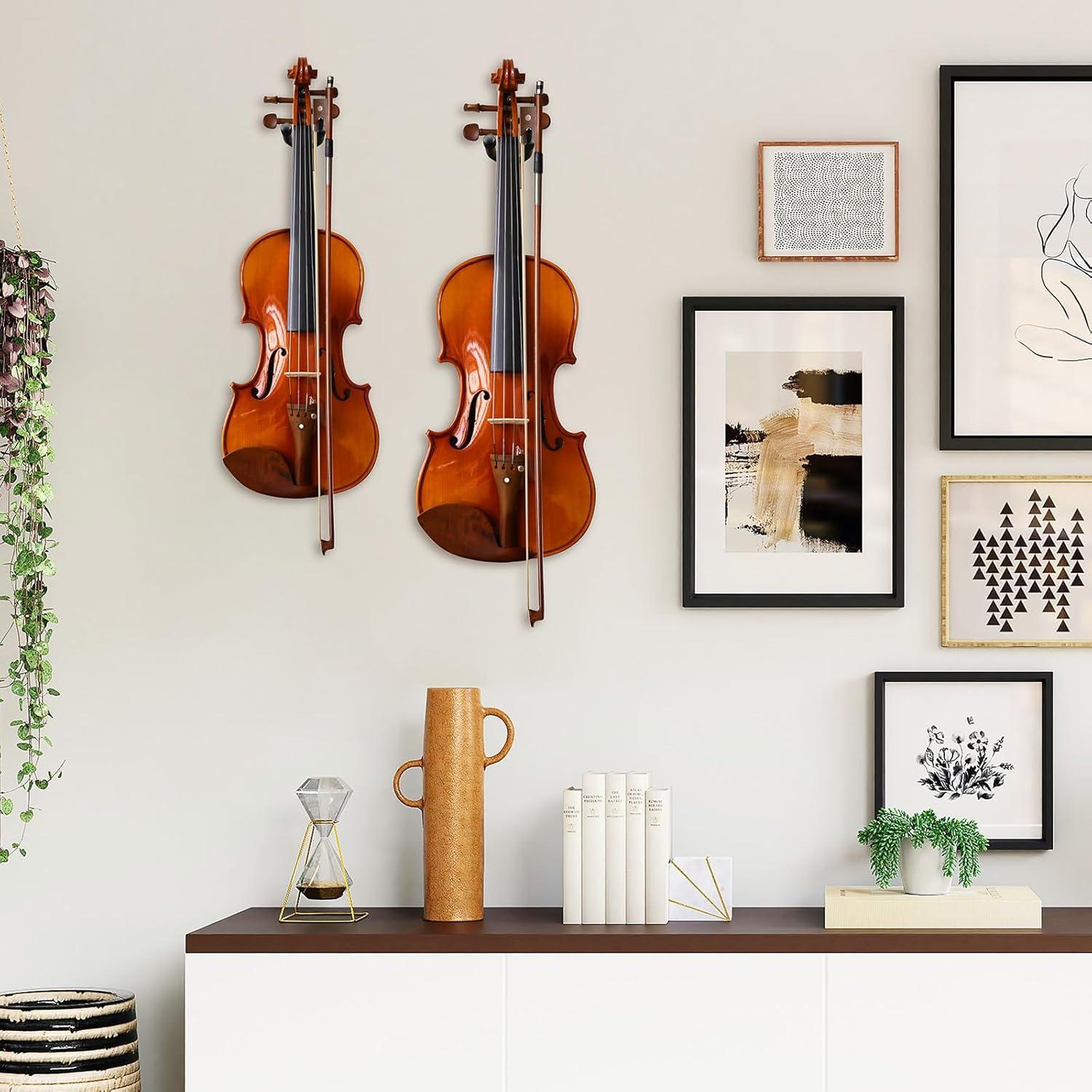 imageOhuhu Violin Wall Mount Hanger Hardwood Violin Viola Hanger with Bow Holder and Soft Padding for Home Studio Decor2