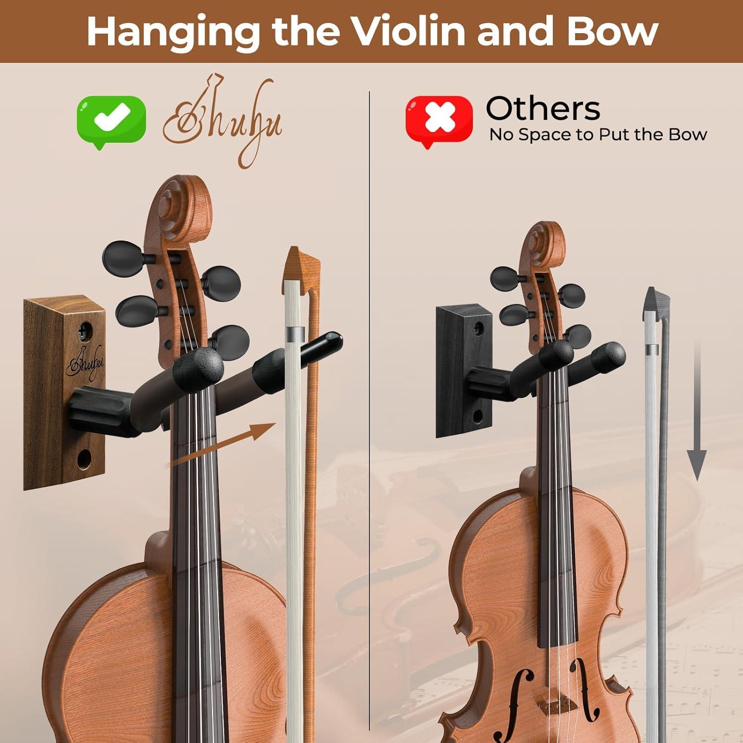 imageOhuhu Violin Wall Mount Hanger Hardwood Violin Viola Hanger with Bow Holder and Soft Padding for Home Studio Decor2