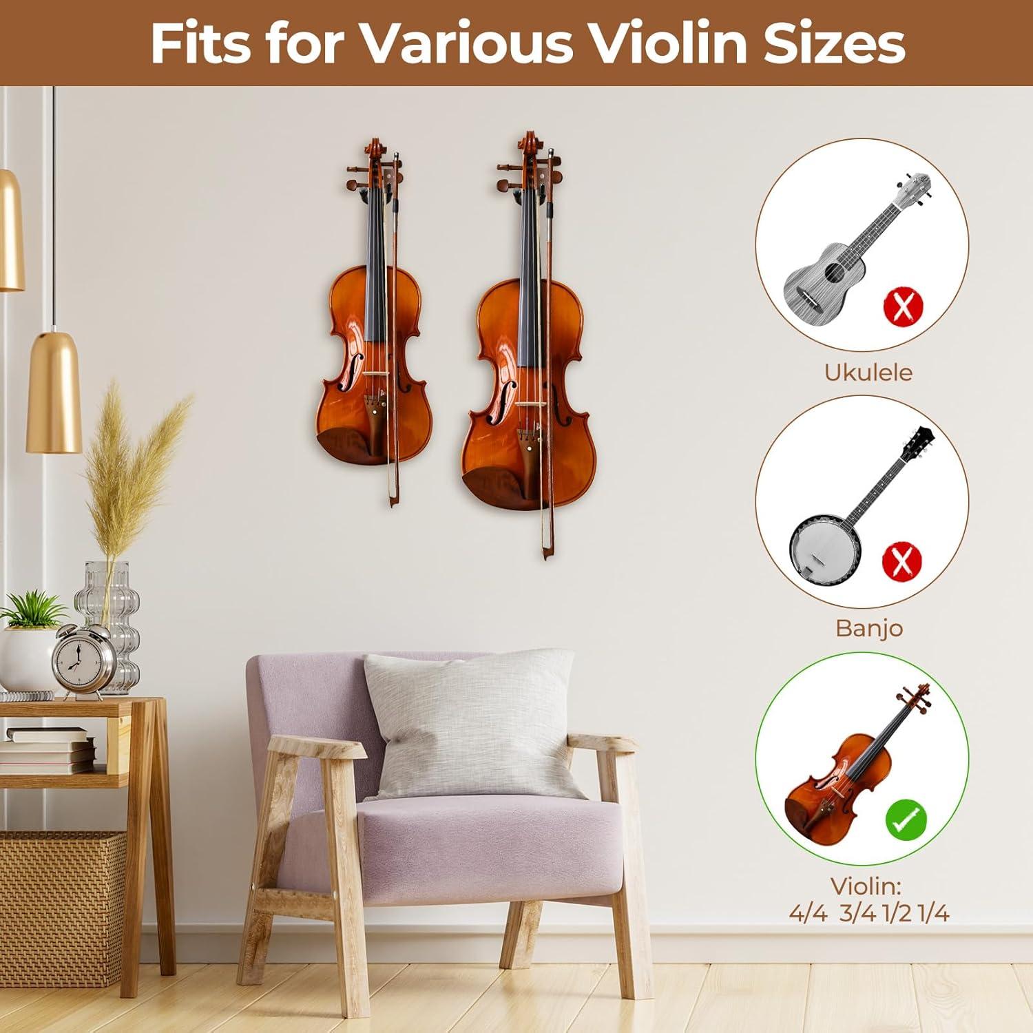 imageOhuhu Violin Wall Mount Hanger Hardwood Violin Viola Hanger with Bow Holder and Soft Padding for Home Studio Decor2