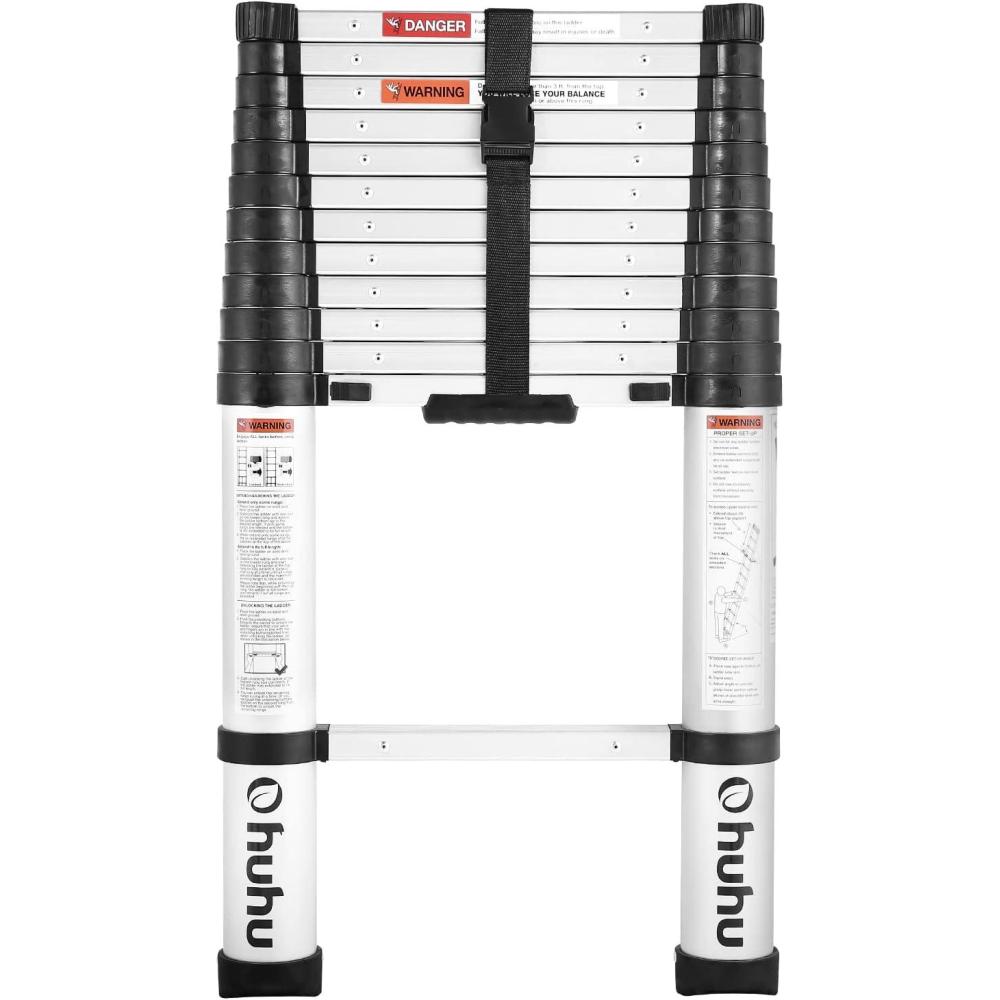 imageAluminum Telescoping Ladder Ohuhu Upgraded 125 FT ANSI Certified OneButton Retraction Extension Ladder Retractable Collapsible Ladders Telescopic Compact Ladder for Home RV Loft Silver