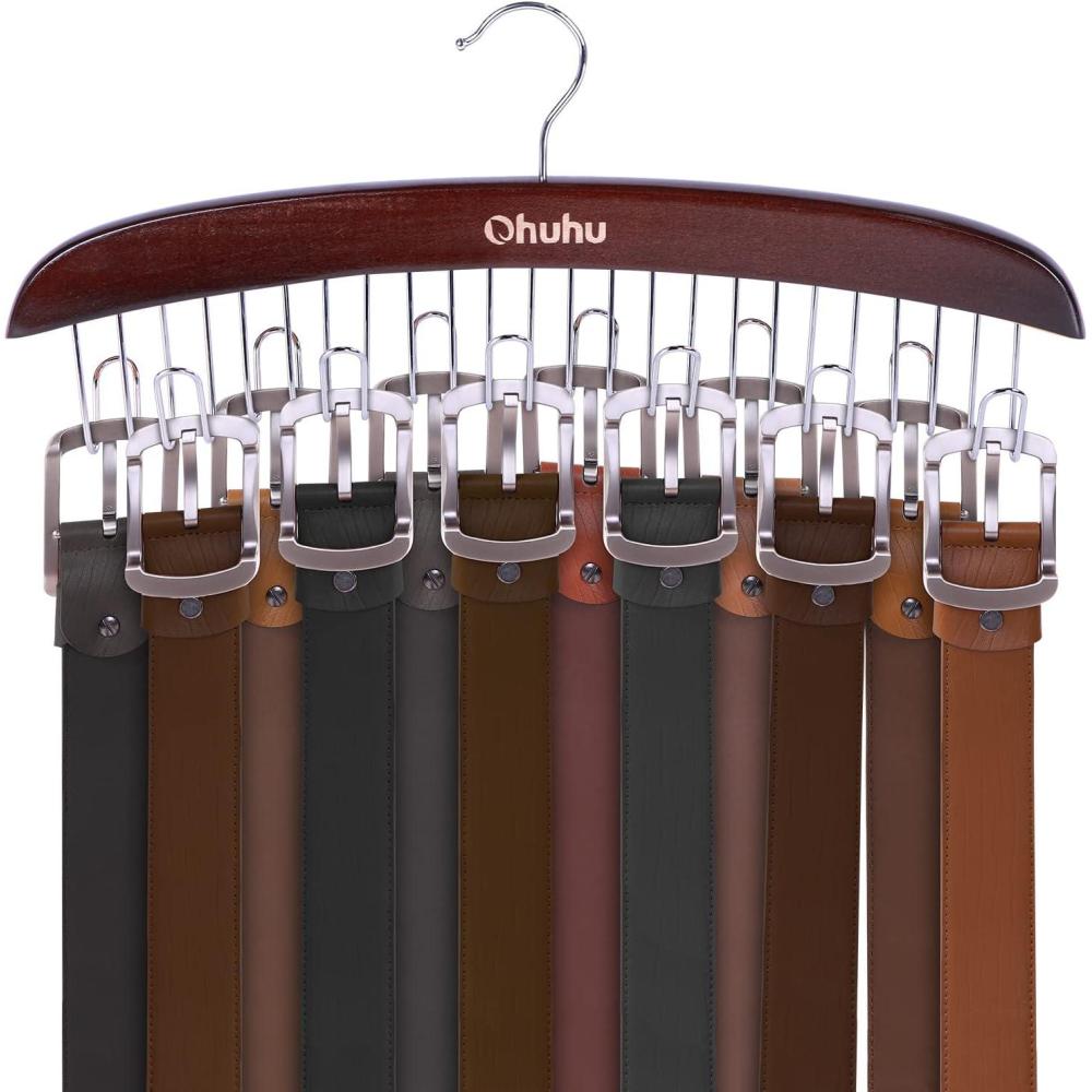imageBelt Hanger Organizer for Closet Ohuhu 12 Hooks Max 36 Belts Tie Rack Wooden Belt Holder for Storage 360 Degree Rotating Space Saver Organizer for Men Women Belt Tie Scarf AccessoriesBurlywoodWalnut