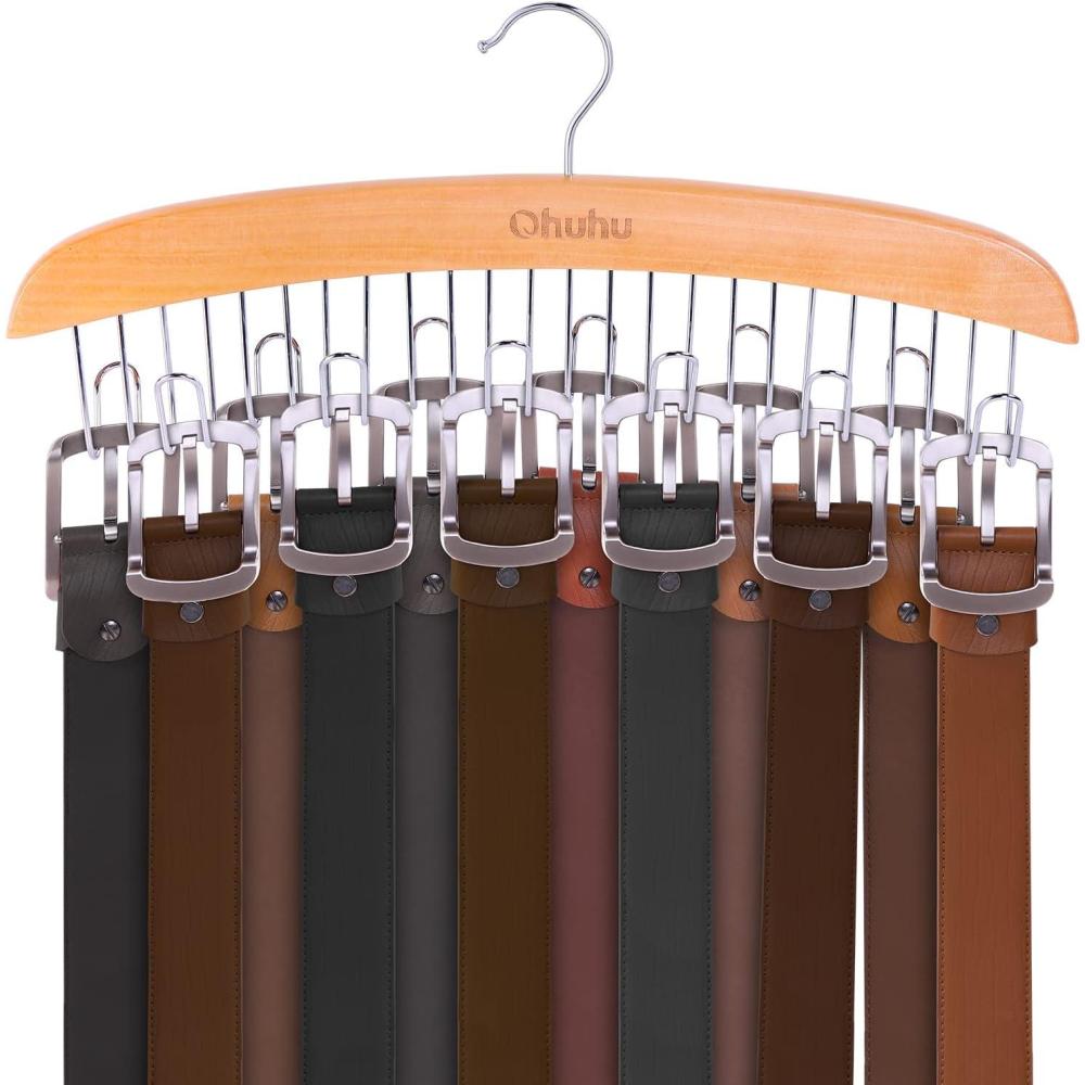 imageBelt Hanger Organizer for Closet Ohuhu 12 Hooks Max 36 Belts Tie Rack Wooden Belt Holder for Storage 360 Degree Rotating Space Saver Organizer for Men Women Belt Tie Scarf AccessoriesBurlywoodBurlywood