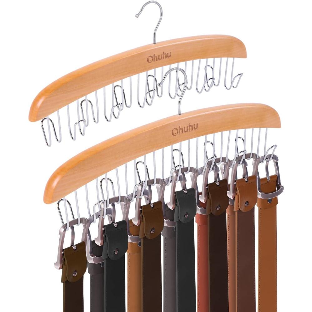 imageBelt Hanger Organizer for Closet Ohuhu 12 Hooks Max 36 Belts Tie Rack Wooden Belt Holder for Storage 360 Degree Rotating Space Saver Organizer for Men Women Belt Tie Scarf AccessoriesBurlywoodBurlywood2 Pack