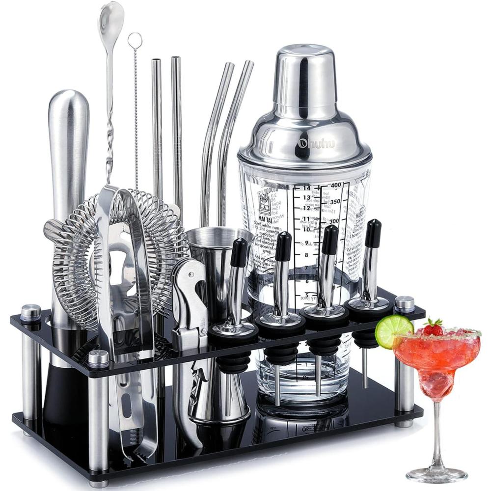 imageCocktail Shaker Set Ohuhu 17Piece Bartender Kit Bar Tool Set with Acrylic Stand Premium SodaLime Glass Drink Shaker with All Bar Accessories for Beginners Home Bar Parties