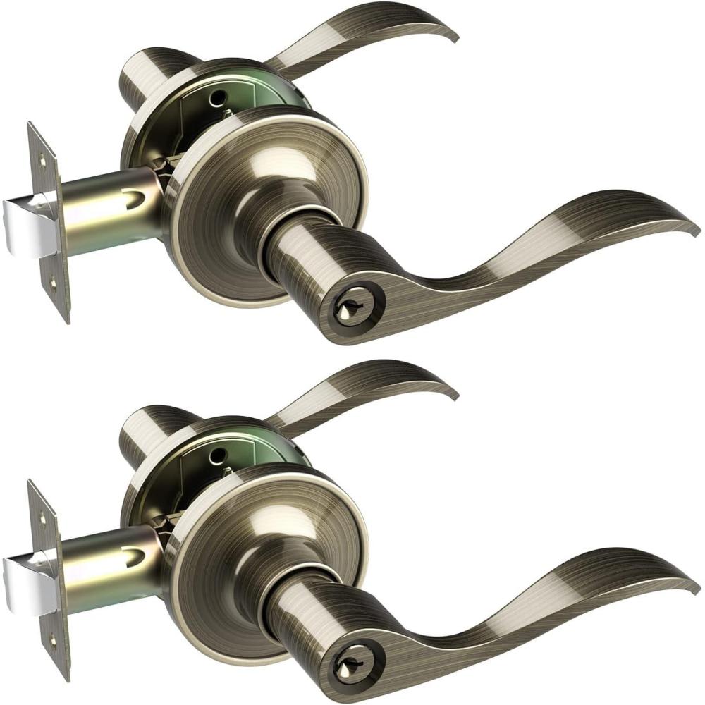 imageDoor Handle with Lock Ohuhu Bronze Door Knobs Interior Exterior Door Lock Lever with Key Antique Brass for Bedroom Bathroom Privacy not Keyed Alike Wave Style Entry locksets Zinc Alloy2 Pack