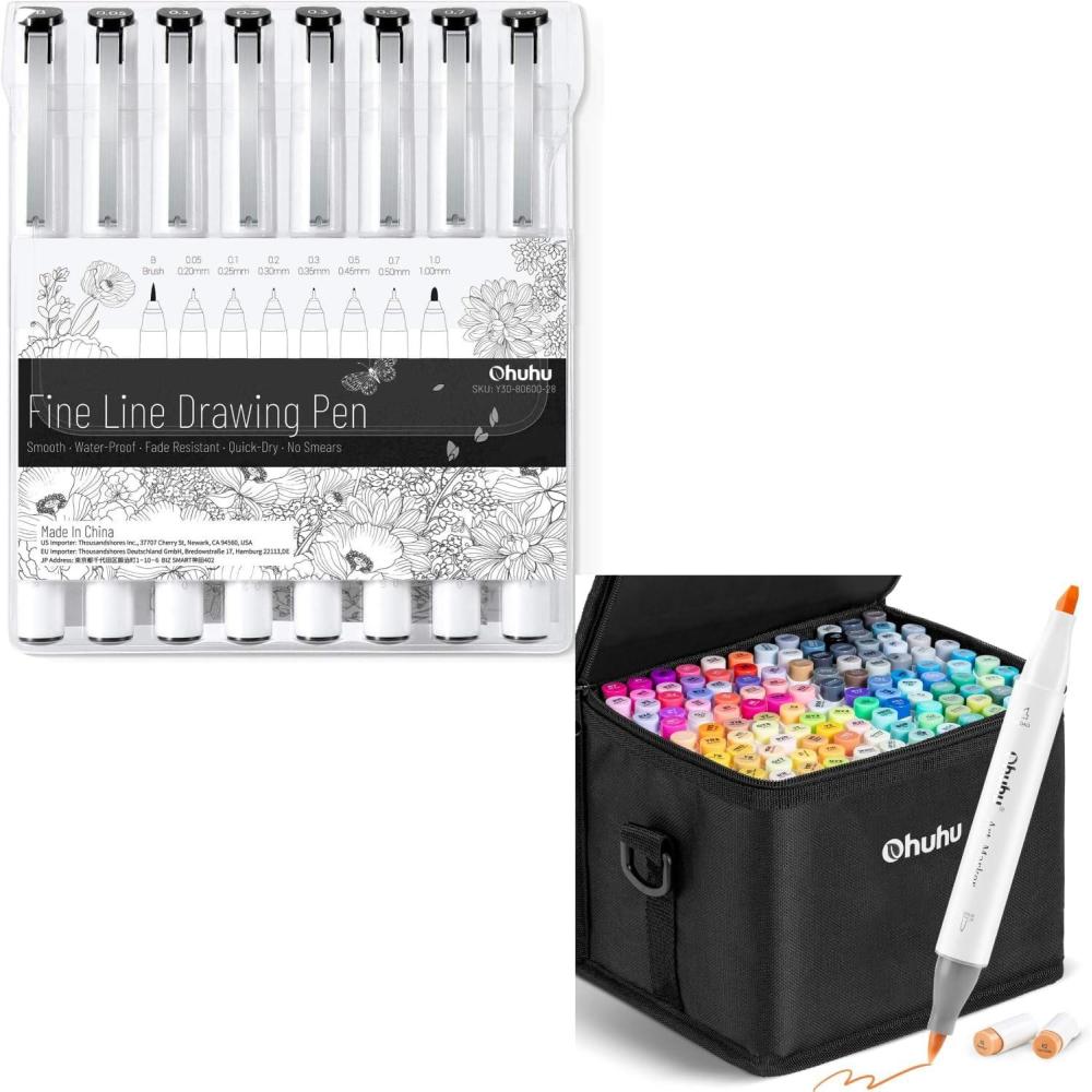 imageOhuhu Fineliner Pens 8 Sizes Micro Pens Pigment Black Ink Waterproof Alcohol Proof and Ohuhu Alcohol Markers Brush Chisel Tips 120 Colors Art Markers