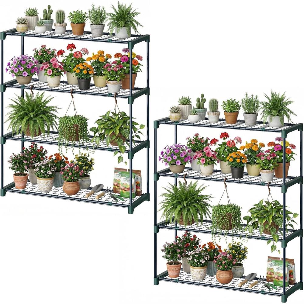 imageOhuhu Plant Greenhouse Shelves 4 Tier 2 Pack ExtraWide Stable Green House Shelving for Outdoor 31x18x42 Inch Portable Rustproof Metal Shelf Plant Stand Rack Greenhouse Accessories35 x 12 x 42 inch