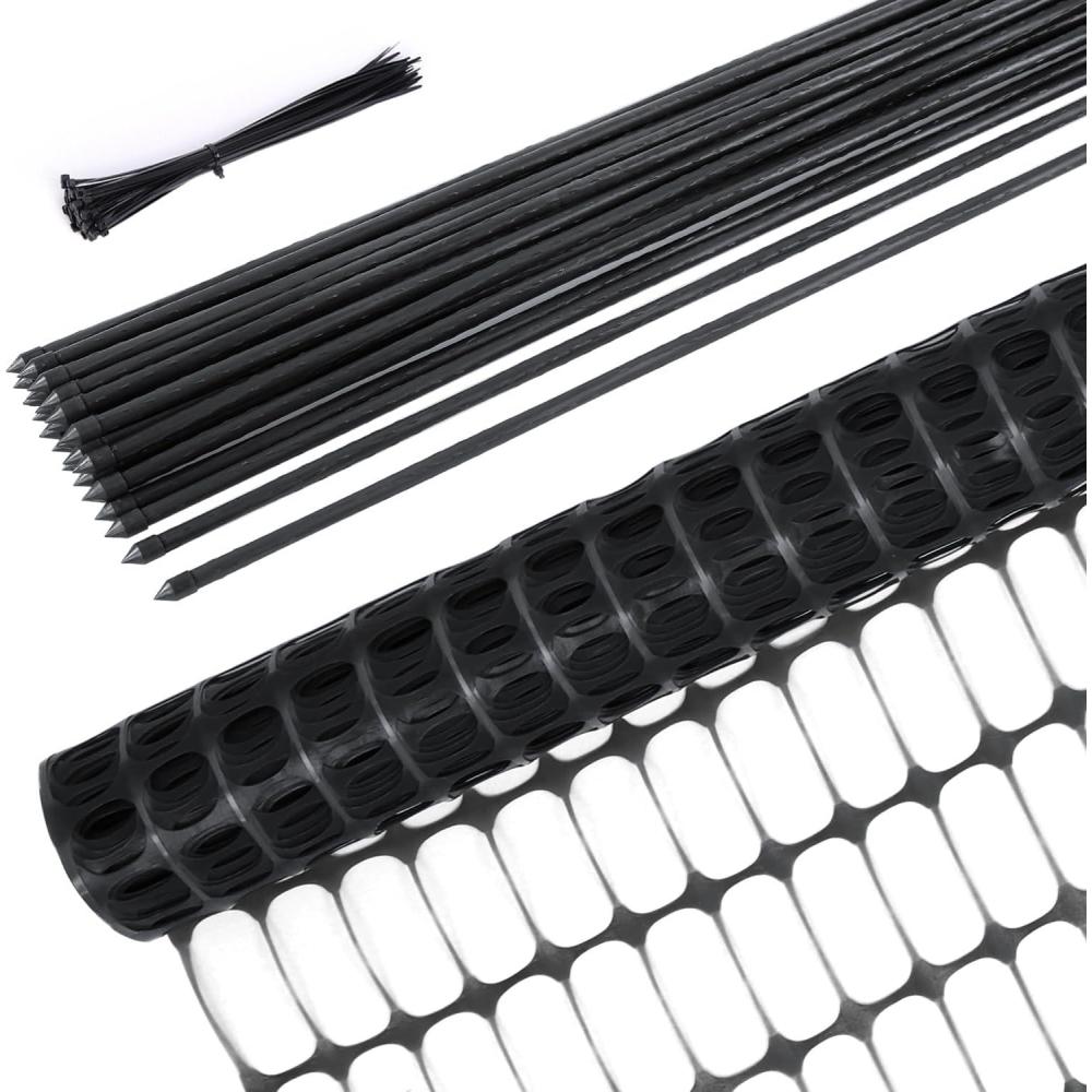 imageOhuhu Plastic Snow Fence Set 34FTx100FT Garden Fence Roll with 25Pack 4FT Stakes Temporary Safety Netting Reusable Pool Fencing Poultry Fences for Deer Chicken Dog YardBlack
