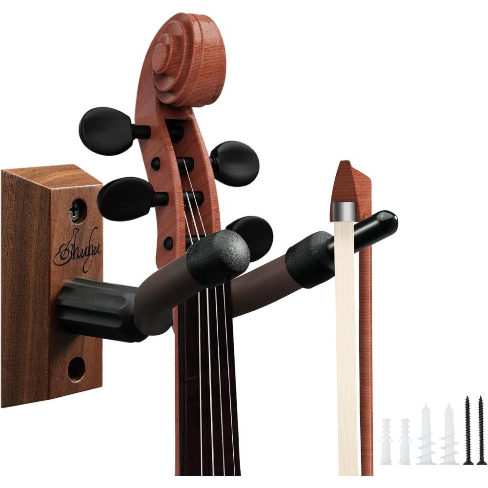 imageOhuhu Violin Wall Mount Hanger Hardwood Violin Viola Hanger with Bow Holder and Soft Padding for Home Studio Decor1