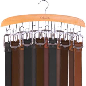Belt Hanger Organizer for Closet: Ohuhu 12 Hooks Max 36 Belts Tie Rack Wooden Belt Holder for Storage 360 Degree Rotating Space Saver Organizer for Men Women Belt Tie Scarf Accessories-Burlywood(Burlywood)
